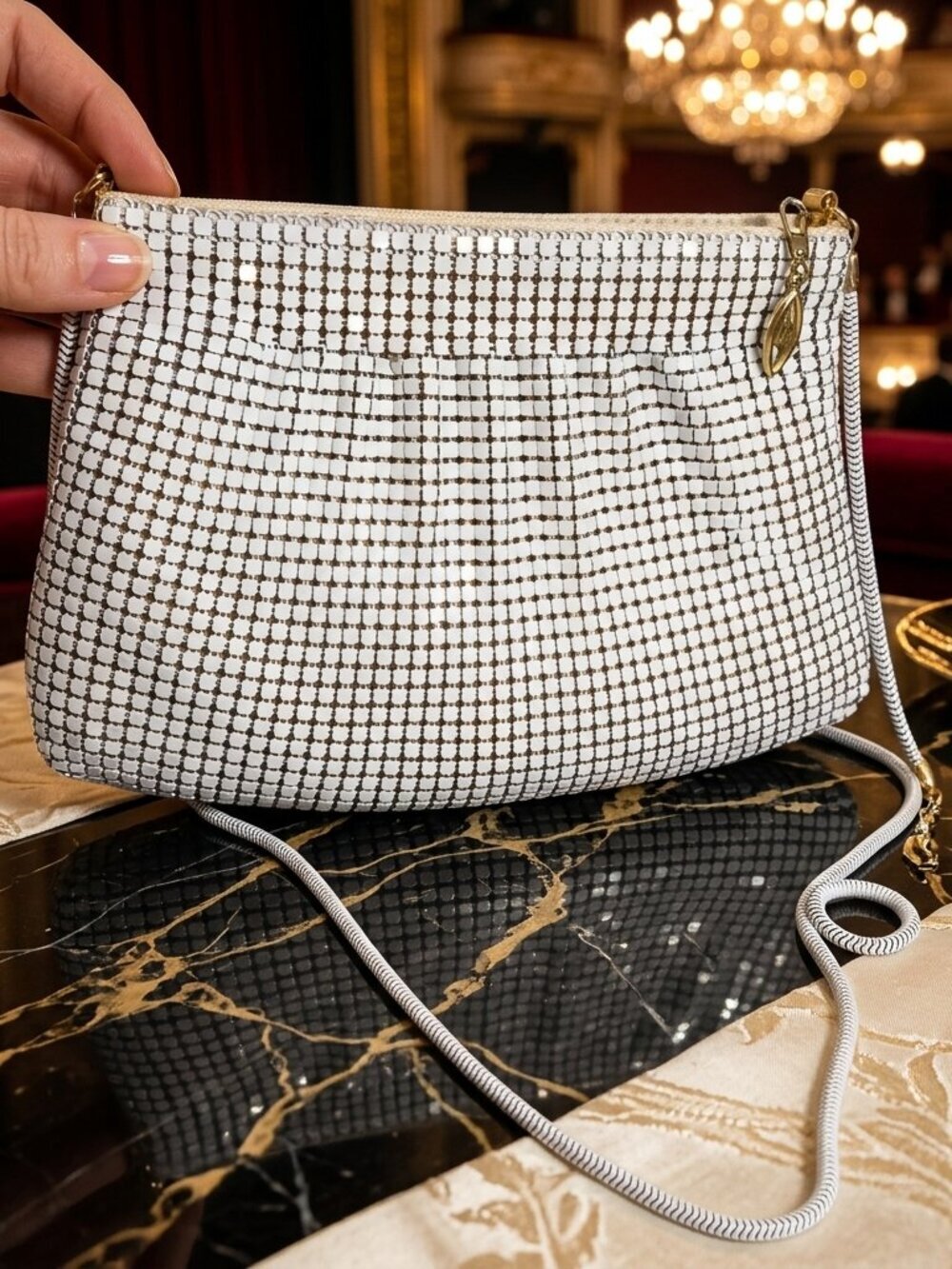 Vintage White Chainmail Evening Bag from Disco Era w chain strap RARE